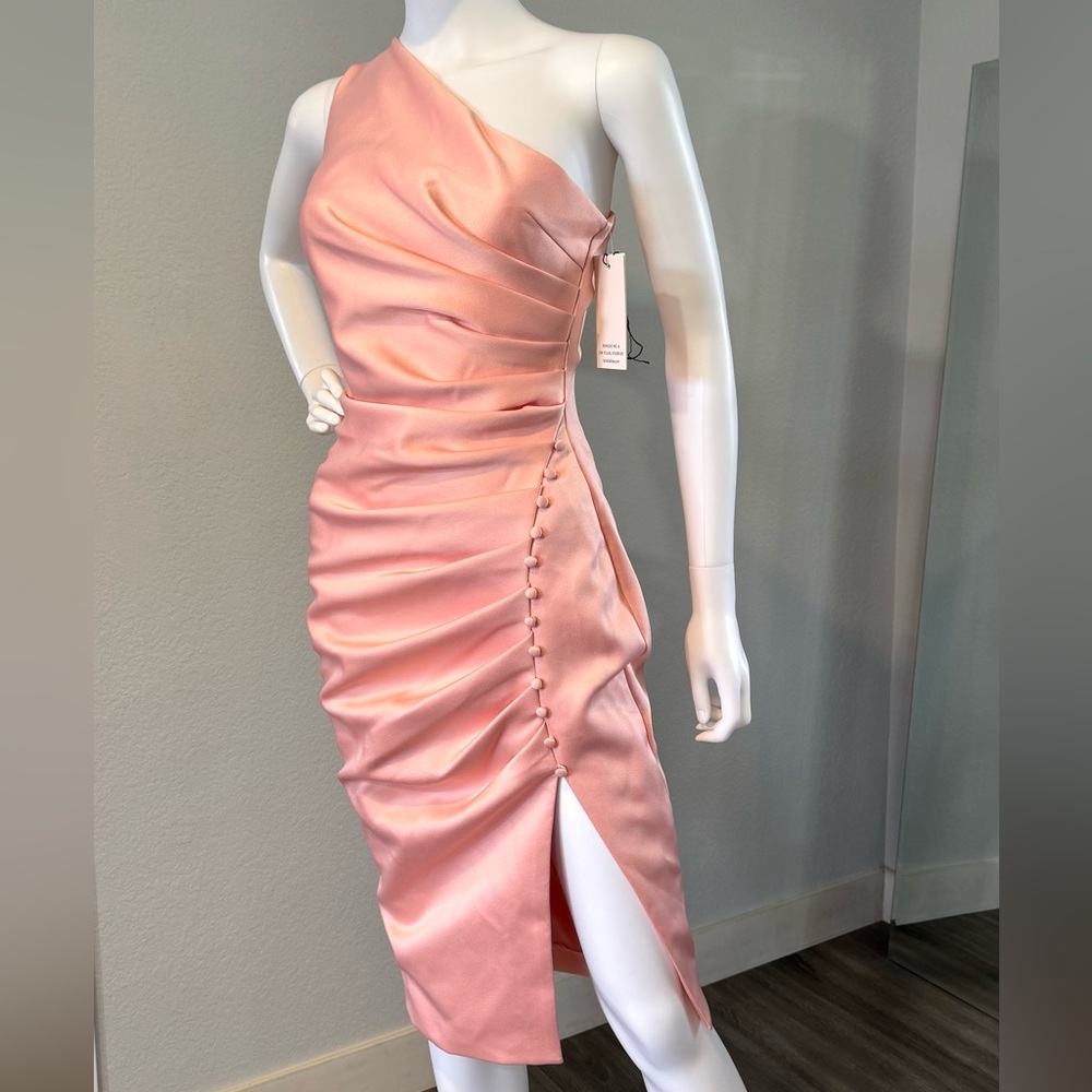 SOLD—-NWT Lavish Alice Pink One Shoulder Ruched Satin Midi Dress - Size 4